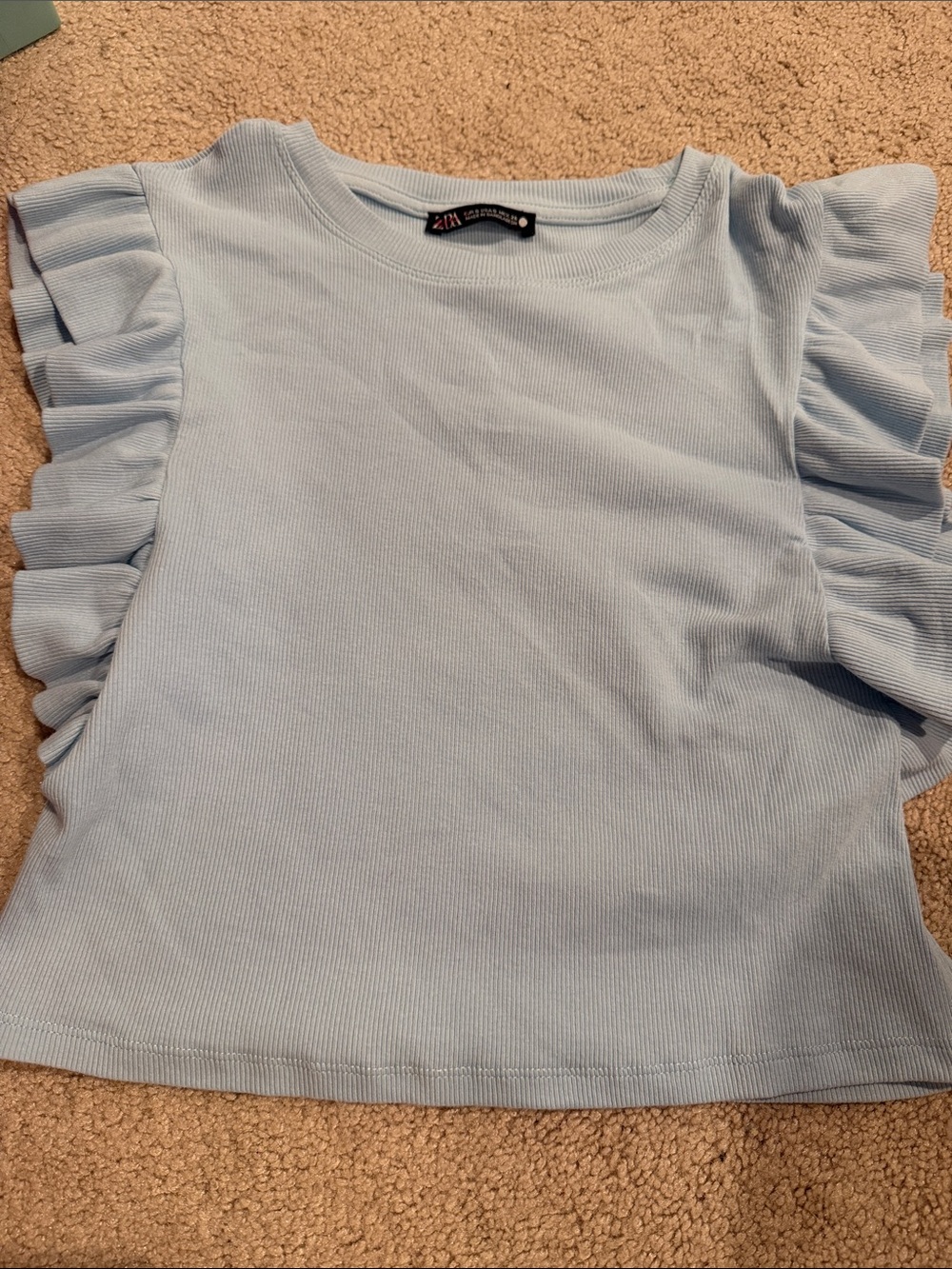 Zara Light Blue Ruffle Sleeve Ribbed Women's Top sz small